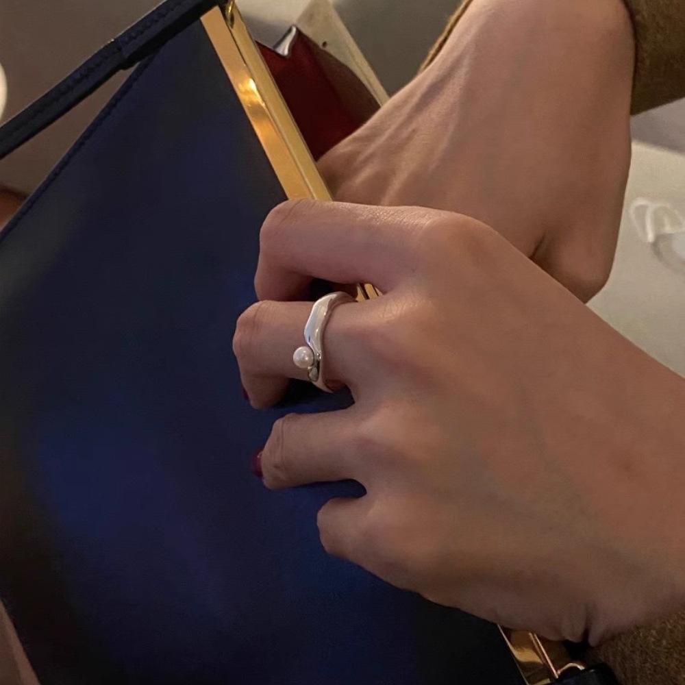 925 Sterling Silver Pearl Ring Niche Index Finger Ring Simple Cold Wind Ring