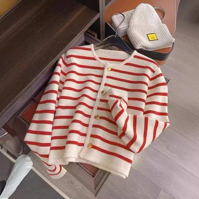 Women Spring Autumn Sweaters O Neck Stripe Knitted Cardigan Fashion Long Sleeve Casual Short Korean Style