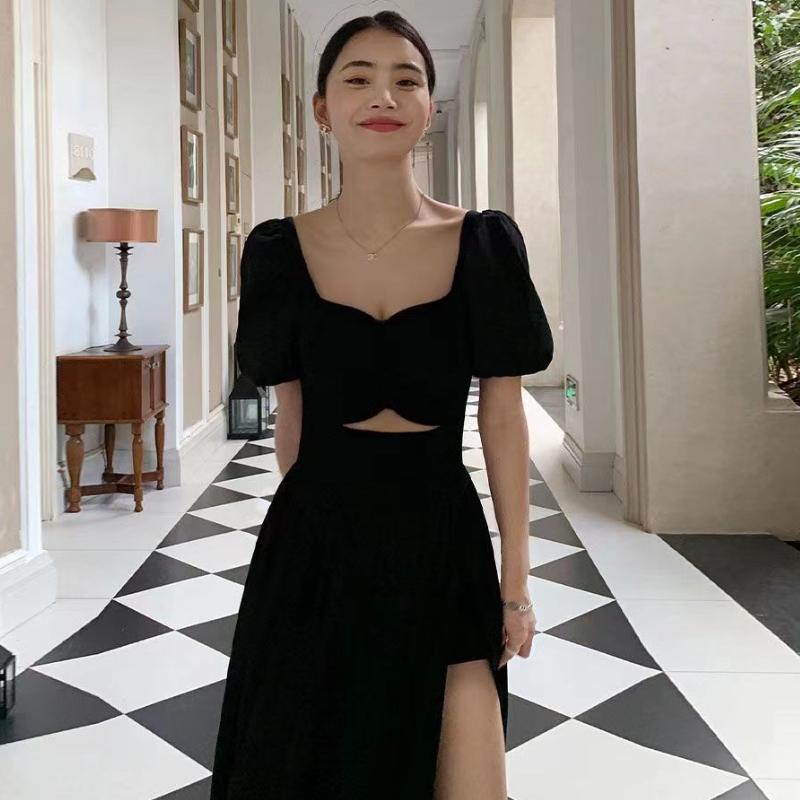 French Hollow Out Short Sleeve Black Maxi Dress Women Vintage Warm Square Collar A Line Dresses Female Summer Chic Vented Party Clothes Lady