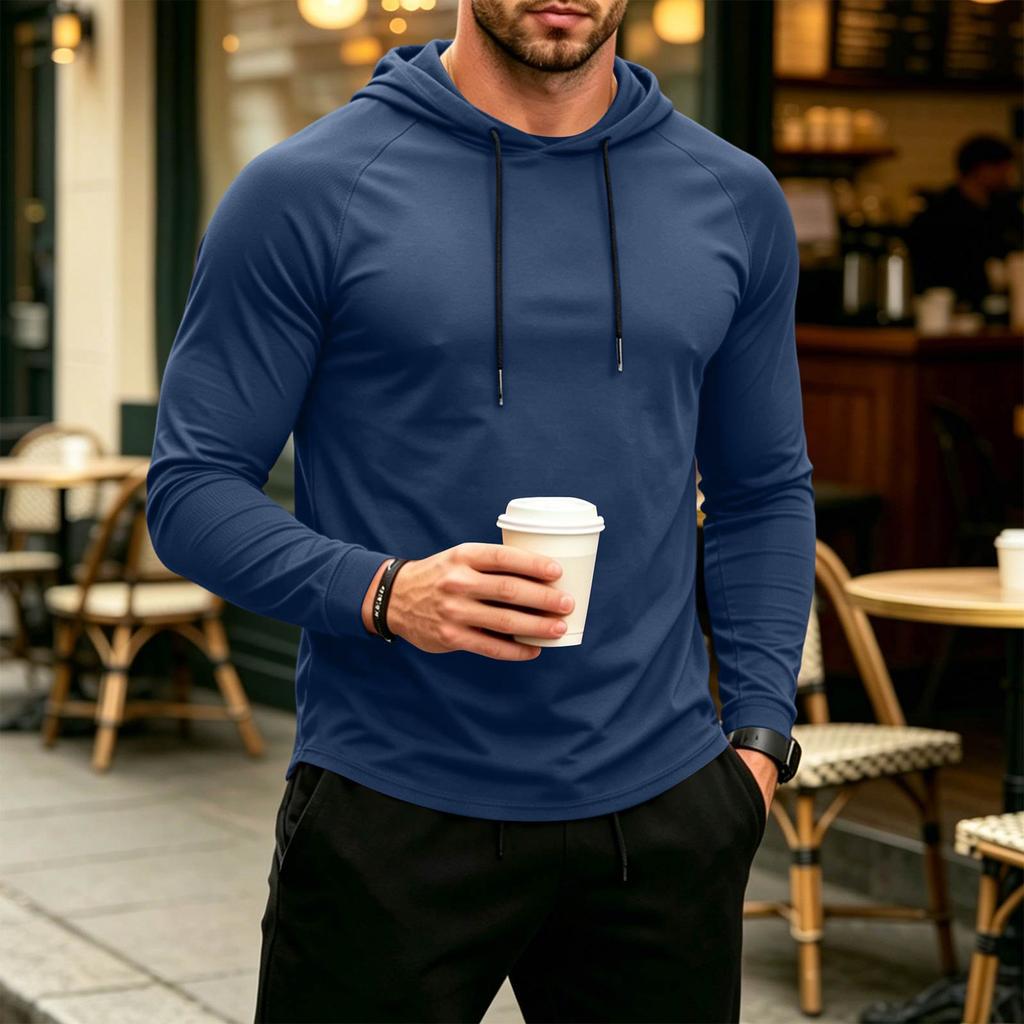 Men's Casual Breathable Hooded Sun Protection Long Sleeve Shirt Lightweight Athletic Pullover with Adjustable Drawstring Hood for Outdoor Activities