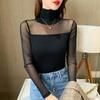 Woman Fashion Slim Sexy Gauze Lace T-Shirt Turtleneck All-match Long Sleeve Elegant Pullover Female Chic Solid Casual Tops 2022