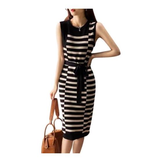 [UQQA] Border Pattern Knit Dress, Women s, Summer, Sleeveless, Waist Ribbon, Elegant, Celebrity Look