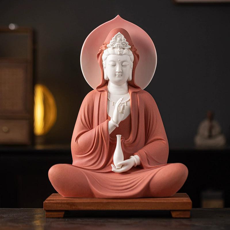 Free Pose Guan Yin Buddha Statue, White Ceramic Sitting Bodhisattva Sculpture, Serene Goddess of Mercy for Zen Home Temple Decor