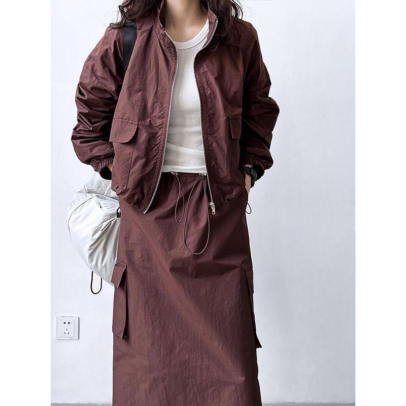 2026 spring and autumn American retro coat + drawstring skirt two-piece casual sports tooling suit women S