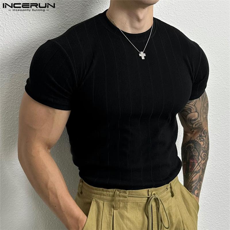 INCERUN Summer Men Short Sleeve Fitted Tops Casual Muscle Knitted T-shirts