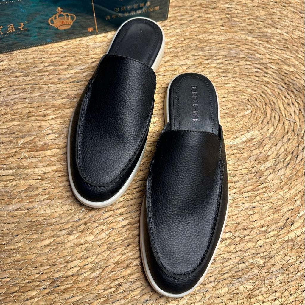 New lychee pattern cowhide leather men's shoes flat-bottomed bag head slippers men's flat-bottomed outer wear one and a half slippers