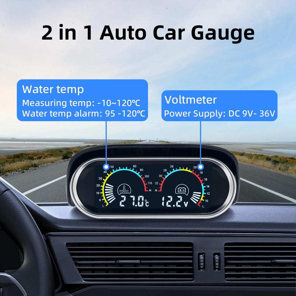Water Temp Meter Voltage 2in1 0-120℃ Temperature Gauge LCD Indicator with Water Temp Sensor 10mm For Boat Car Motorcycle