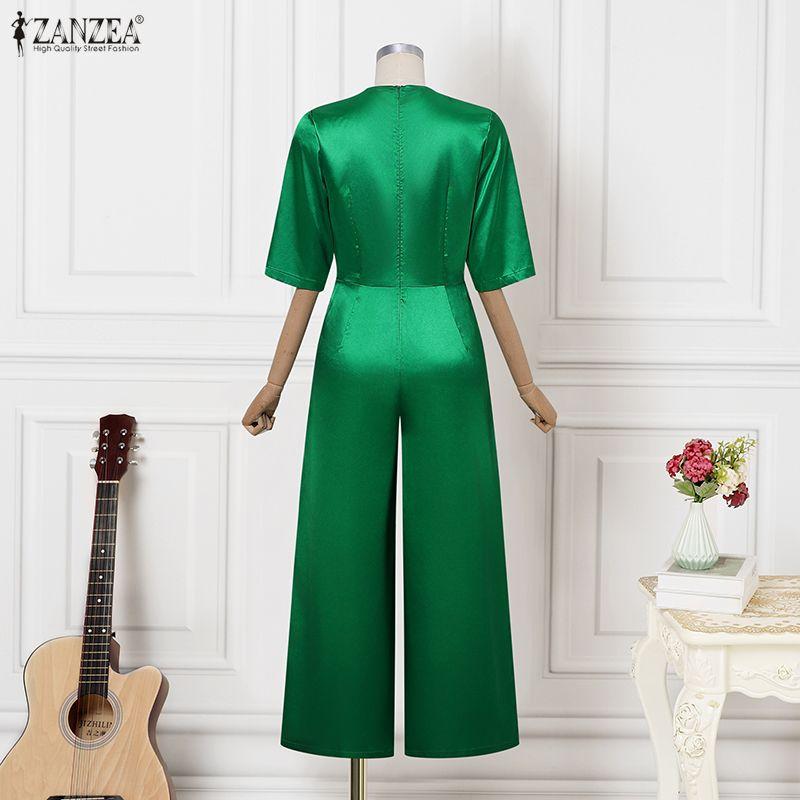 ZANZEA Women Casual V-Neck Summer Half Sleeve Satin Jumpsuits