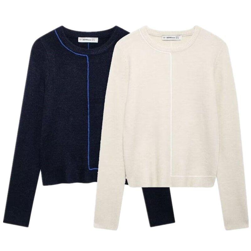 Fashion Style 2024 Fall and Winter New Women's Clothing Versatile Contrast Color Trim Long Sleeves Round Neck Knitwear 5536202
