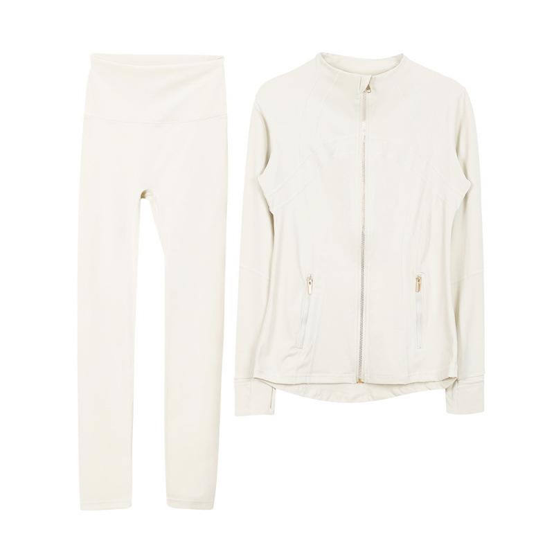 Lulu Original Yoga Anzug: Schnelltrocknendes Set mit Stehkragenjacke & Elastischer Neun-Punkt-Hose, Goldener Reißverschluss.