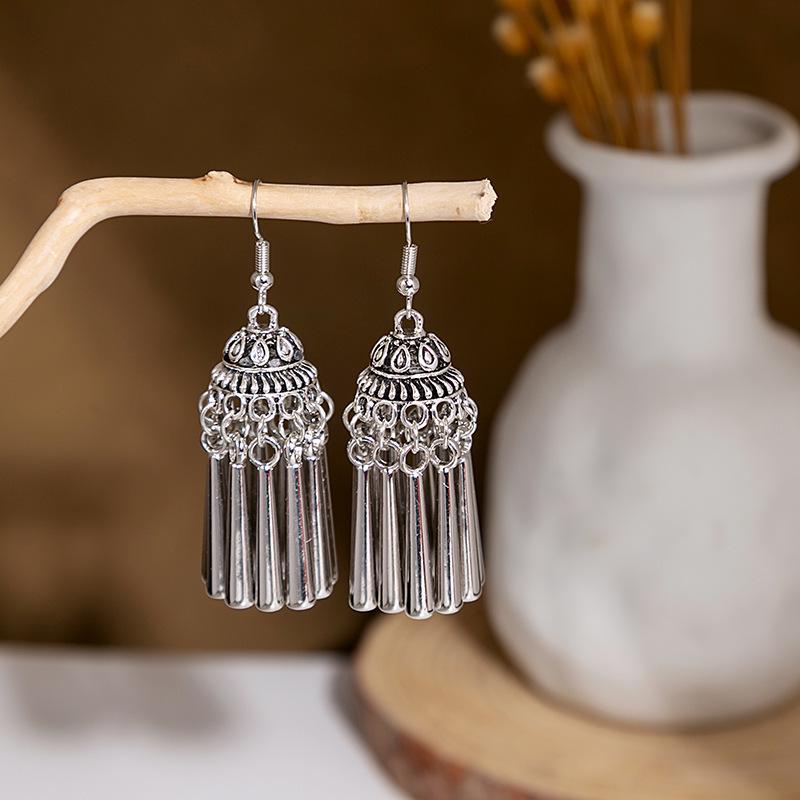Peacock Tassel Earrings with Hollow Leaf Design in Retro Ethnic Style Imitation Silver for Women
