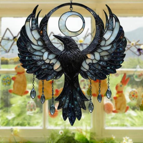 Mondsichel Rabe Sonnenfänger Gothic Acryl Krähe Sonnenfänger Böhmische Fensterhänge Dekoration für Zuhause Wand Veranda