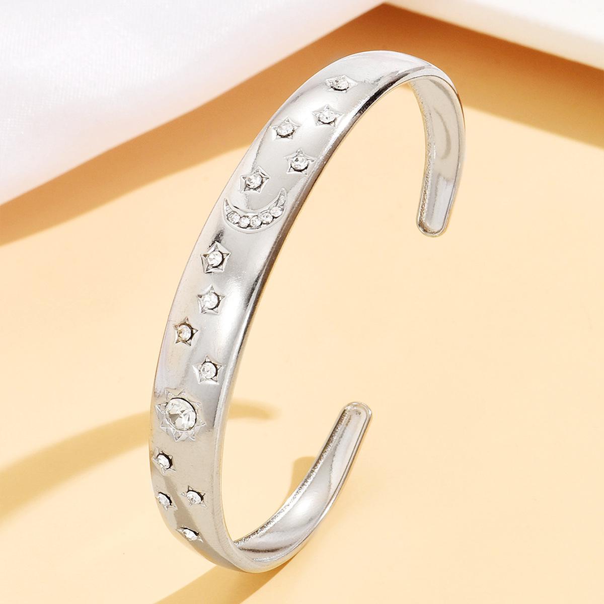 Elegant Star and Moon Stainless Steel Rhinestone Cuff Bracelet for Women