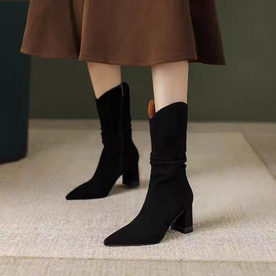 Pile Boots Suede Medium Heel High Heel Martin Boots Pointed Head Autumn and Winter Skinny Boots Thick Heel Short Boots Women