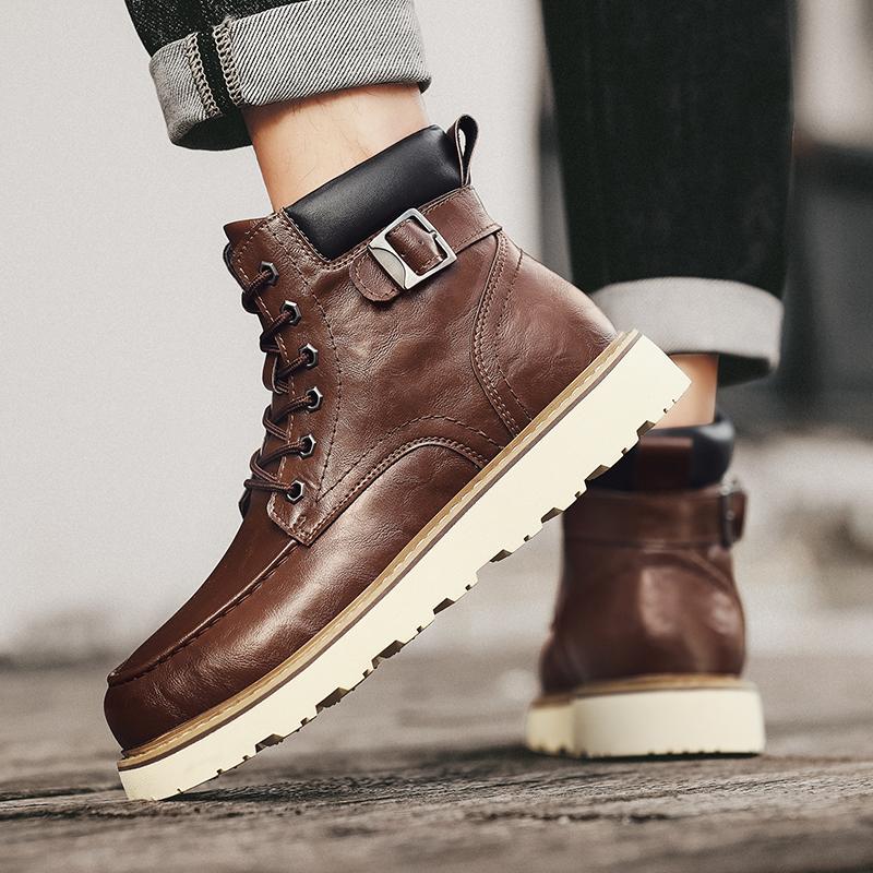 Mode Rutschfeste Herren Freizeitschuhe aus Leder 2024 Neue Herren Stiefeletten Herren Winter Plüsch Schneestiefel Schnürung Einfarbig Belüftet Motorradstiefel