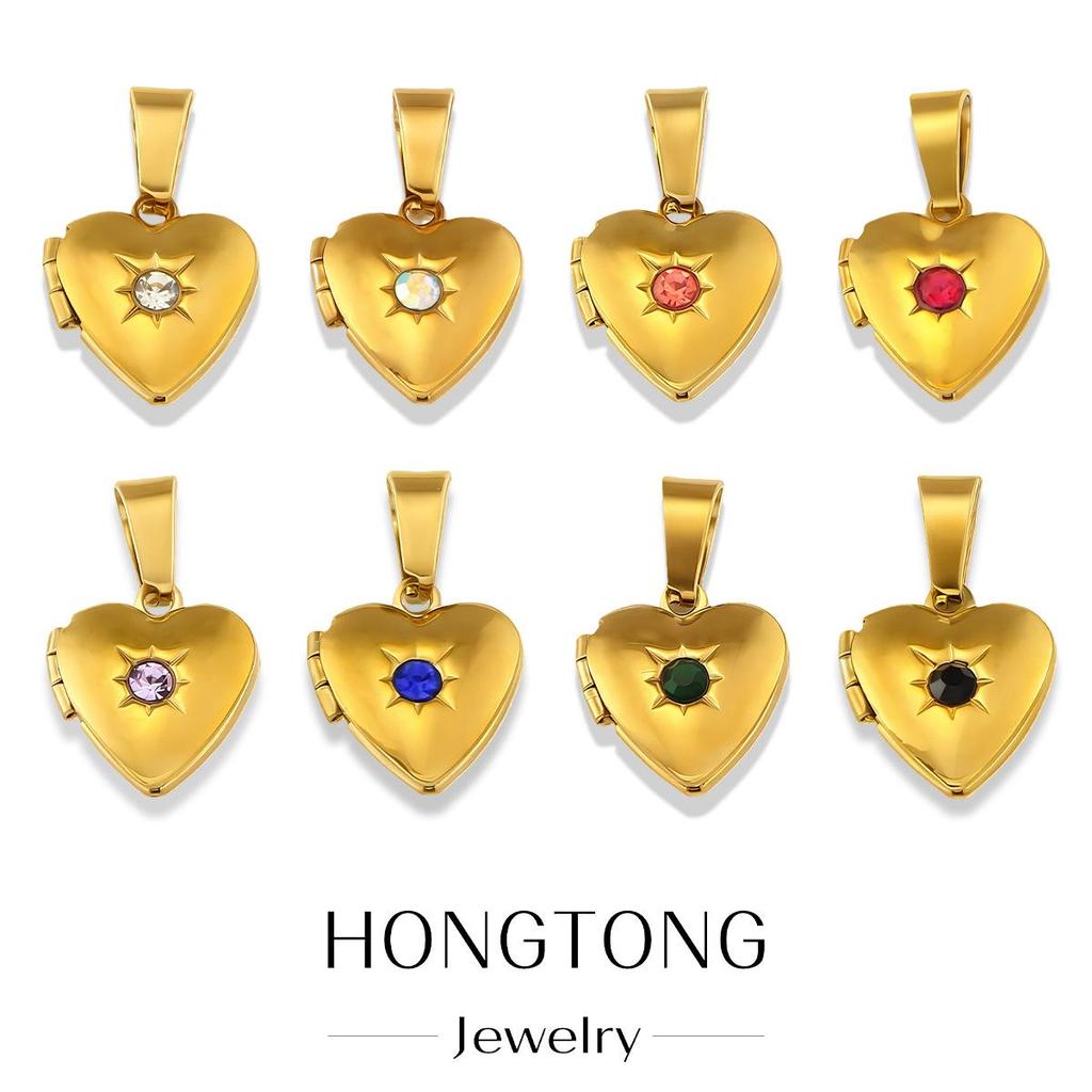 18K Gold-Plated Zirconia Heart Necklace Pendant with Birthstone, Stainless Steel, European & American Simple Design.