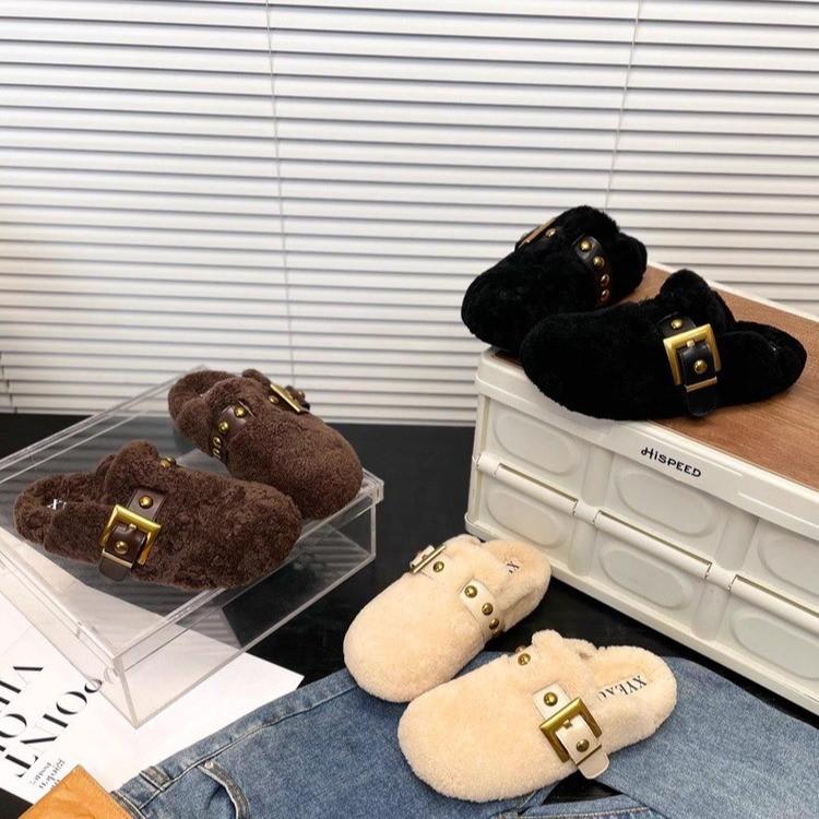 Internet celebrity baotou hairy half drag women's autumn new Korean version flat-bottomed casual outer wear women's slippers one foot lazy shoes