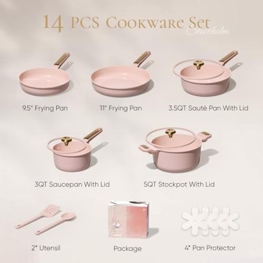 Pink Blush Ceramic Cookware Set 14pcs Nonstick Pots and Pans with Lids Non-Toxic PFAS-Free Kitchenware for Home RV Camping Dish