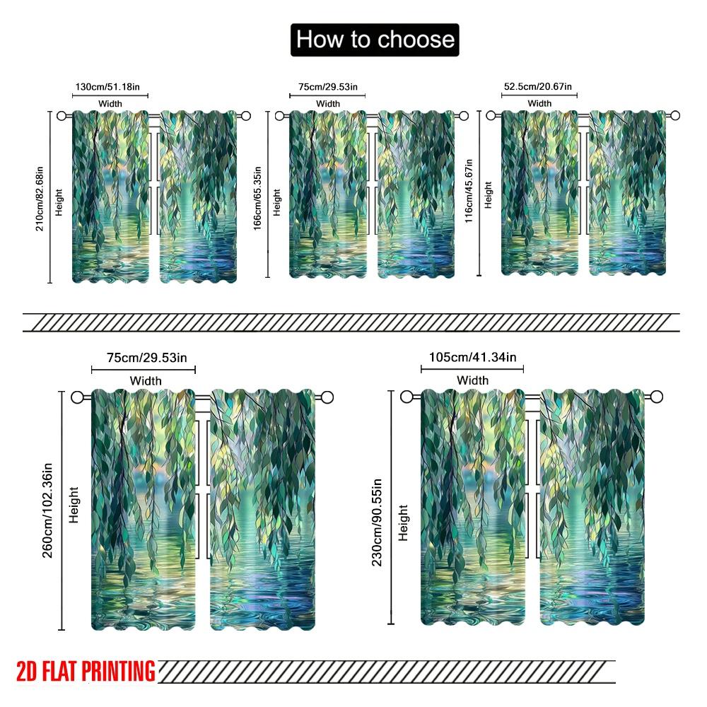 2pcs,2D plane printing Pattern Curtains Willow Reflections Versatile Polyester Fabric (without rod) Versatile All Use for