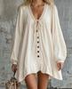 2026 Retro Lace V-neck Dress Cotton and Linen Loose Long-sleeved Ruffle Edge Short Mini-skirt