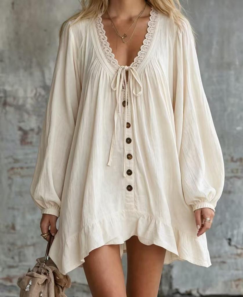 2026 Retro Lace V-neck Dress Cotton and Linen Loose Long-sleeved Ruffle Edge Short Mini-skirt