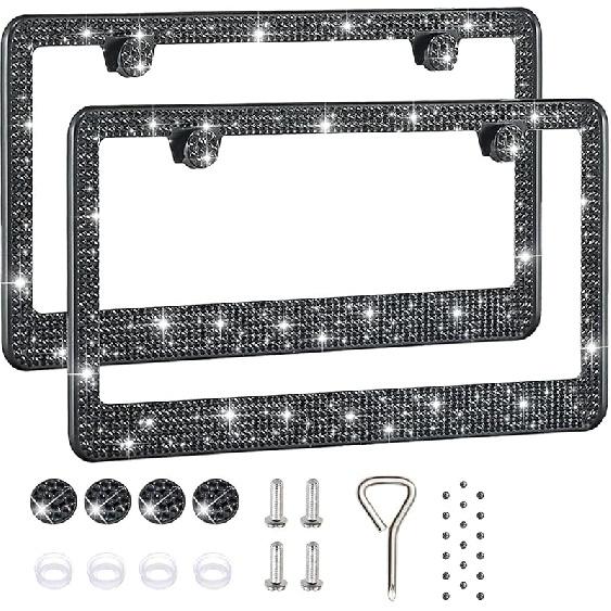 2 Pack License Plate Frames For Women, Sparkly Rhinestone Diamond Car Accessories With Glitter Crystal Caps (Purple (2PCS))