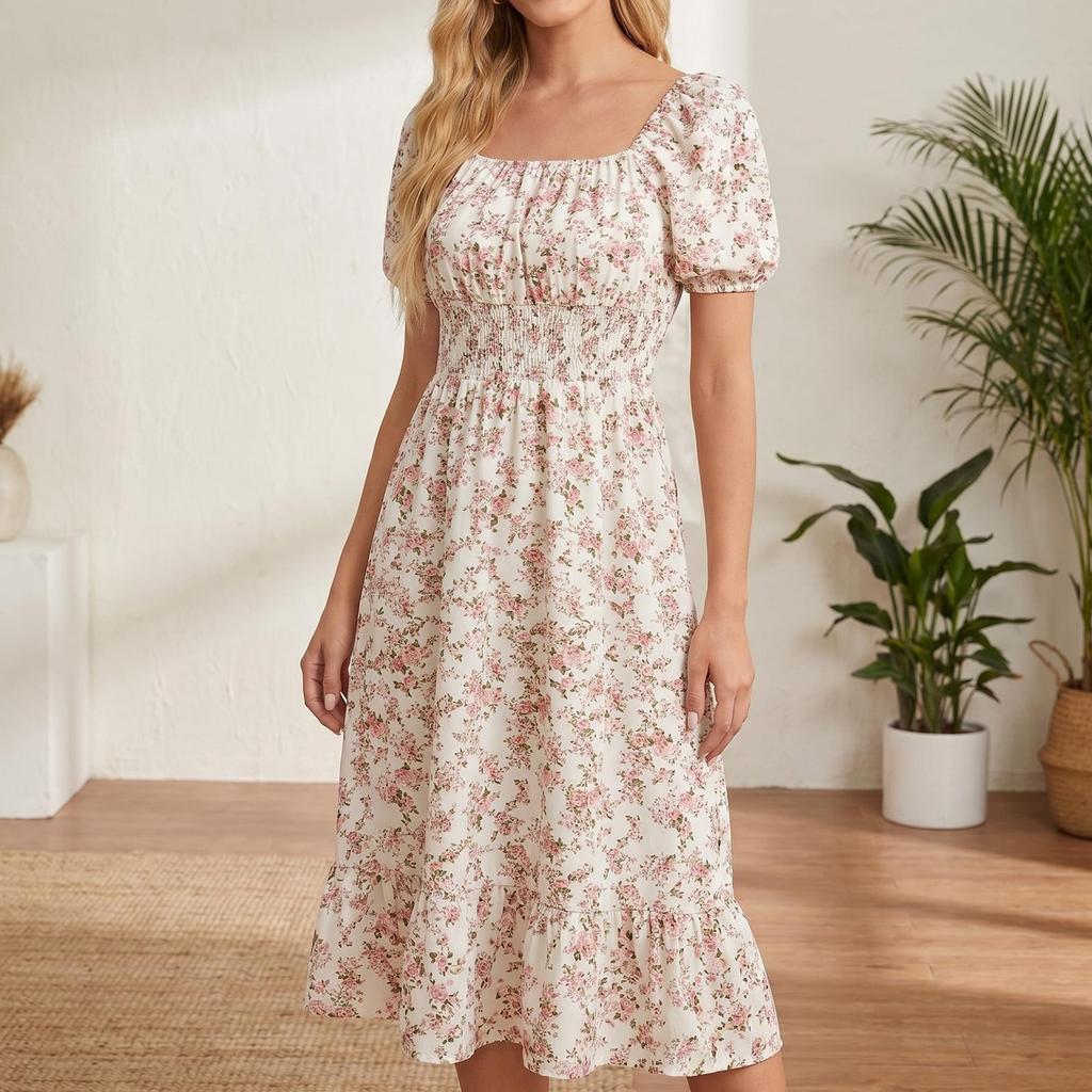 Women Square Neck Floral Print Short Sleeve Midi Dress with Ruffle Hem and Elastic Waist Casual Loose Fit Style