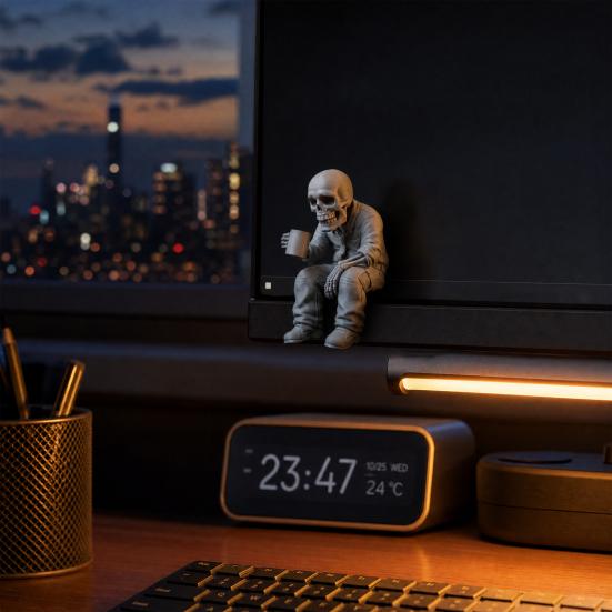 3D Printed Sitting Skeleton Statue with Coffee Cup, Drinking Coffee Skull Figurine, Compact Desktop Decoration for Office Study Room Ornaments