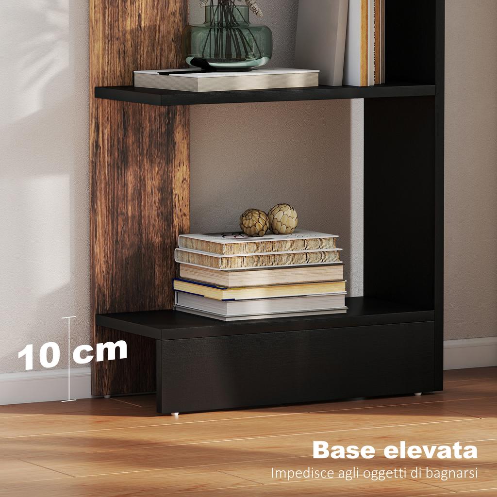 Modern Space-Saving 5-Shelf Bookcase in Wood 45x21x170 cm, Brown and Black