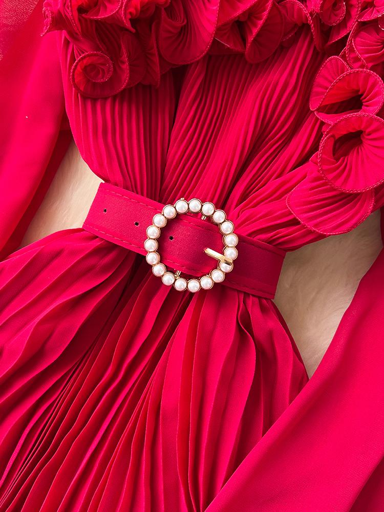 Vestido Elegante de Moda Primavera Outono para Mulheres Novo Francês Borda Cogumelo Crimpado Solto Chiffon Manga Longa Vestido Longo