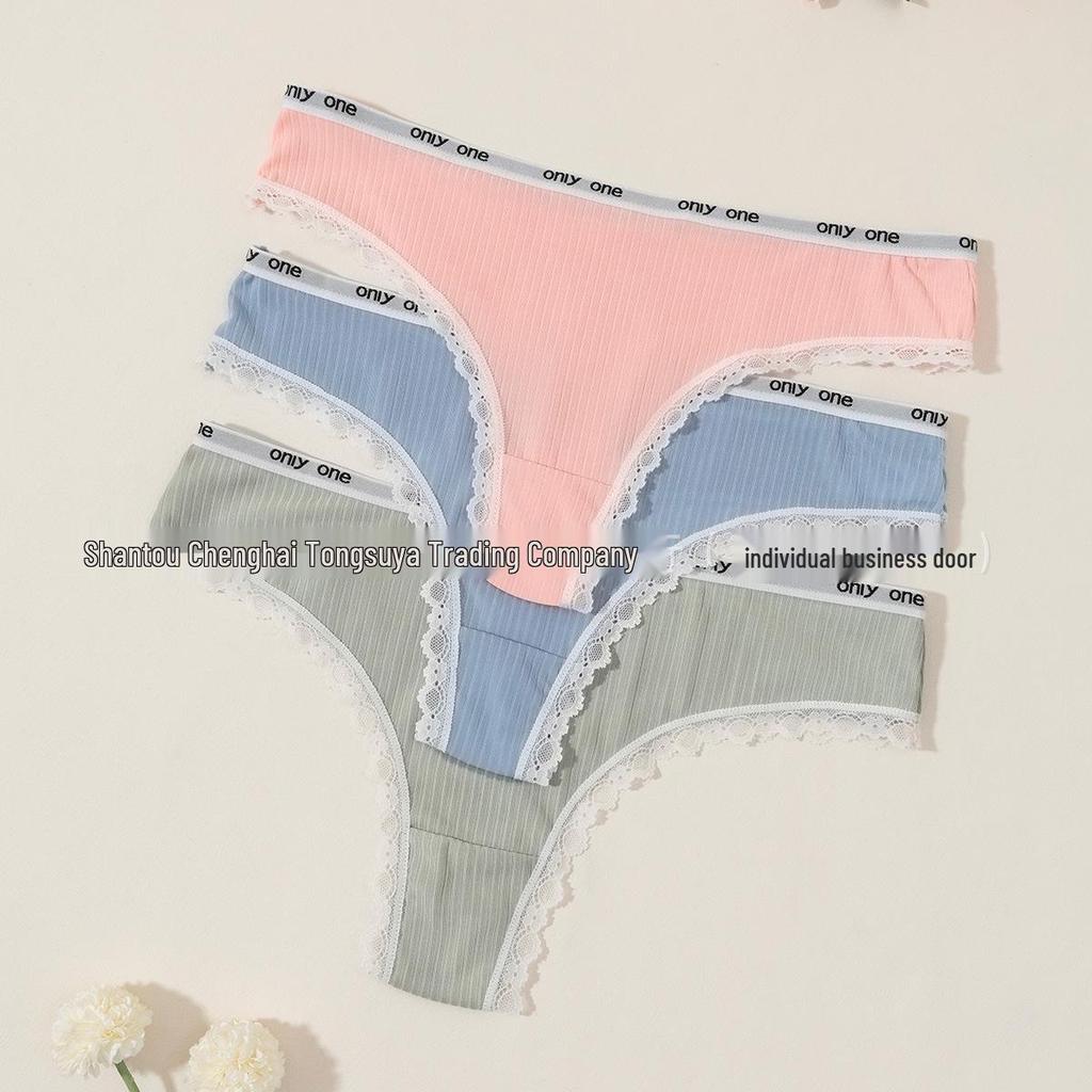 Women's Pure Cotton Ribbed Low Waist Lace Briefs with Breathable Double-Layer Crotch