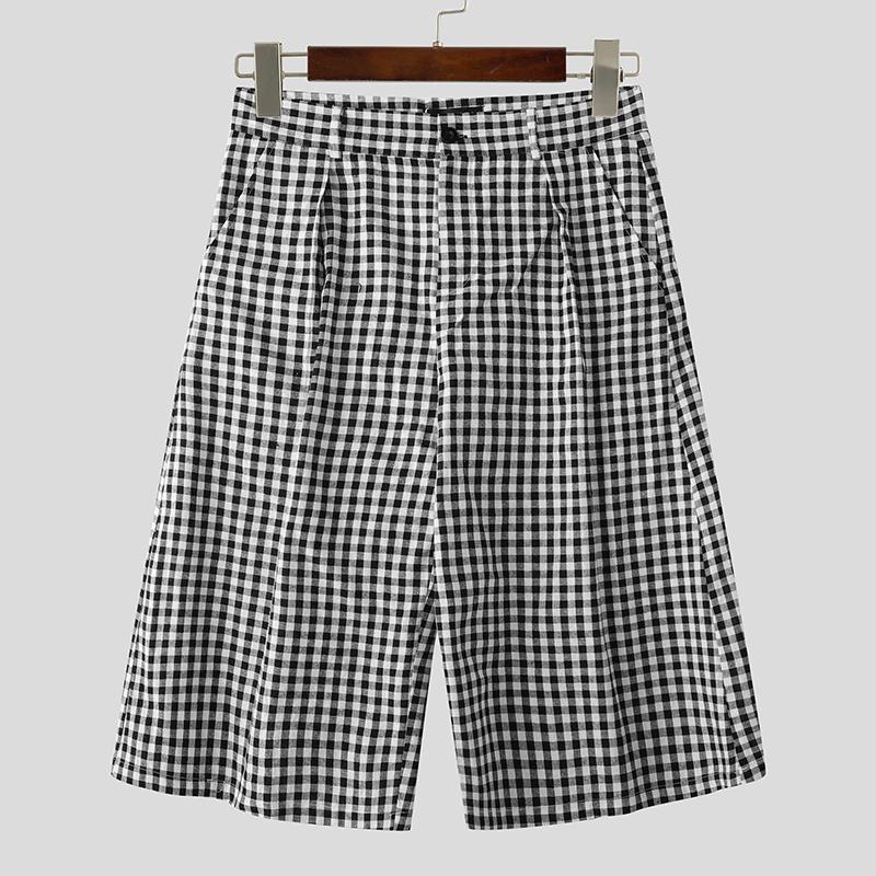 

INCERUN Мужские повседневные свободные прямые брюки-капри с застежкой-молнией и высокой талией в клетку 5XL чёрный