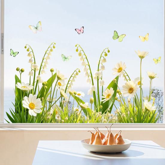 Bílá květinová fólie na okno Odnímatelná vodotěsná PVC květinová statická skleněná nálepka Jarní dekorace okna pro domácnost, kancelář, obývací pokoj