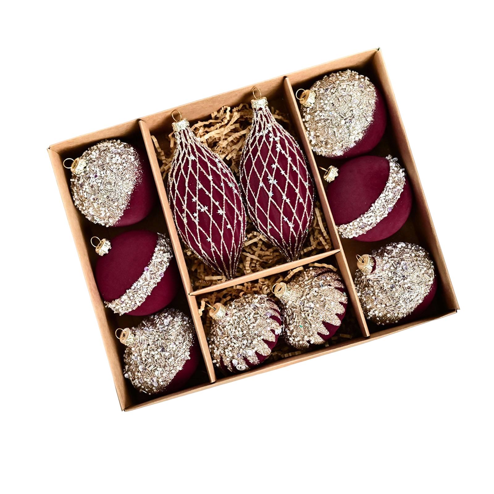 

Набор из 10 подвесок в виде рождественских шаров, шары необычной формы с флокированным покрытием и росписью, украшения для места проведения рождественской вечеринки One Size красный