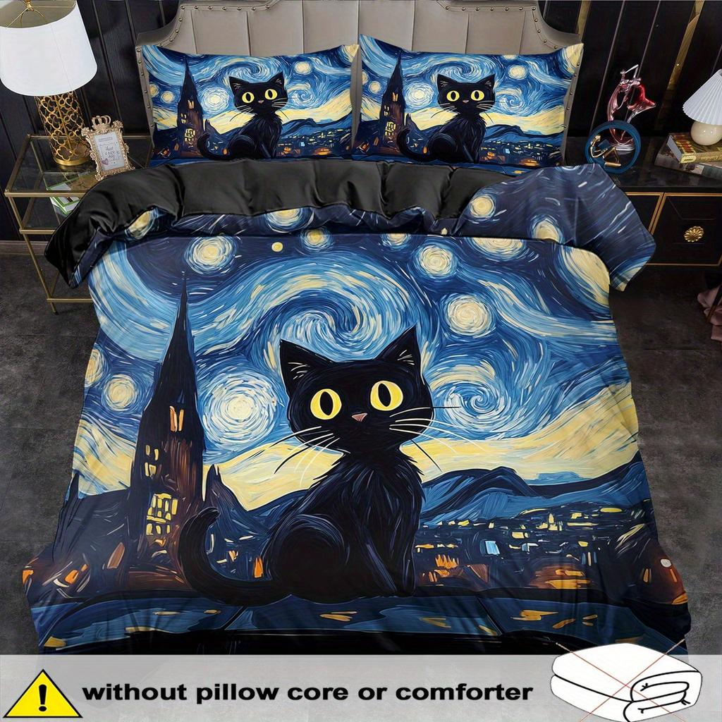 Black Cat Print Soft with Soft Fabric Duvet Cover Set King Quen Style Beding Set Polyester Machine Washable Quilt Decoration Bedrom Guest Rom