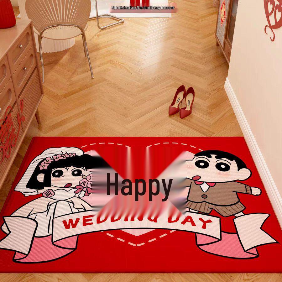 Crayon Shin-chan Double Happiness Velvet Carpet - Wedding Bedroom Cartoon Entrance Mat, Wear & Dirt Resistant