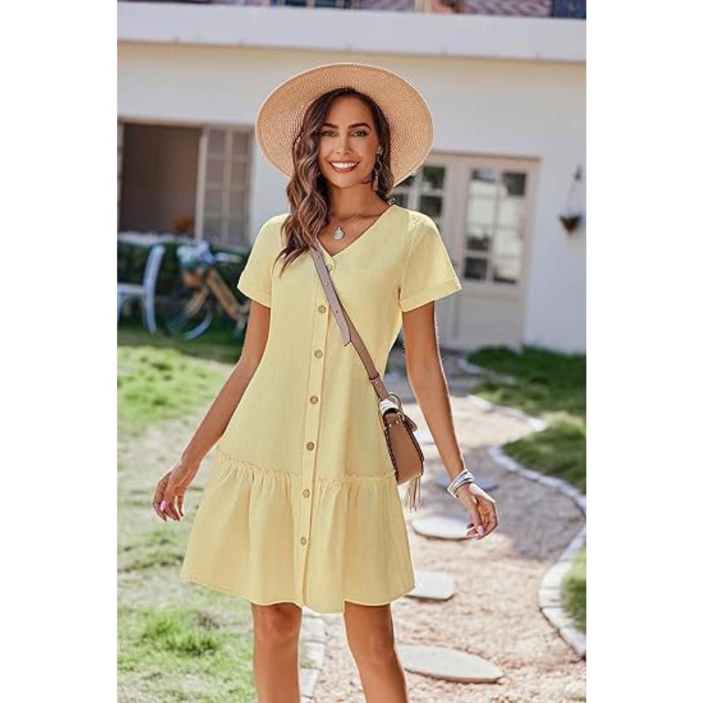 Summer Women's Short Sleeve Dress, Single Breasted Loose A-line Dress with Pockets Ruffle Hem Casual Dress