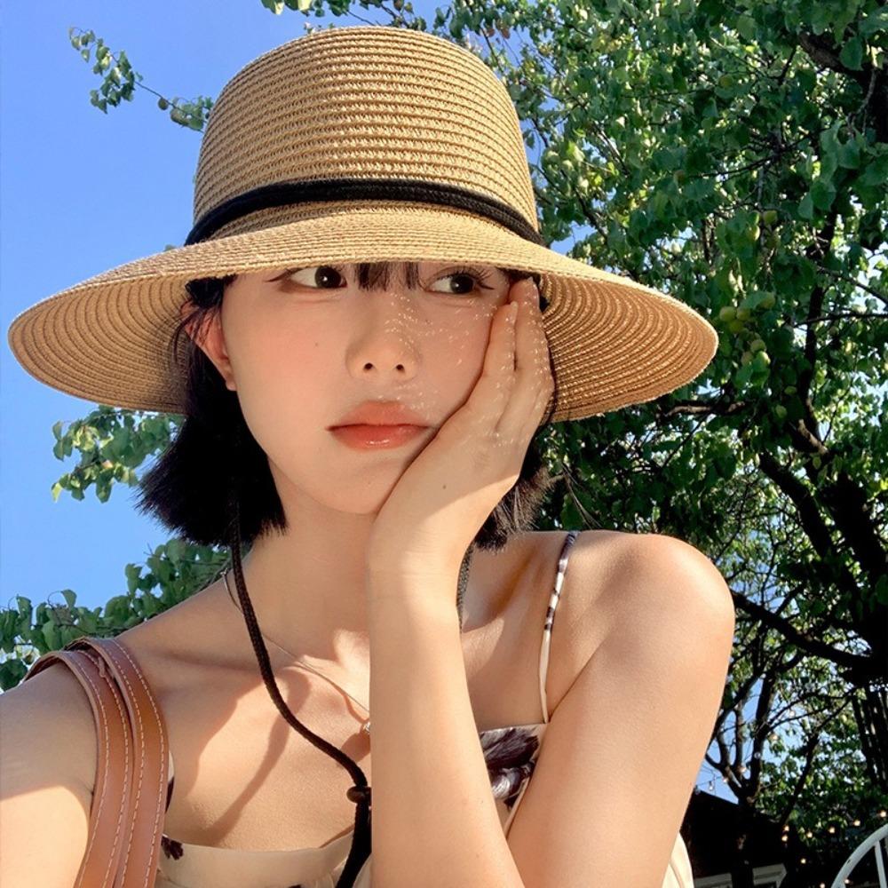Foldable Women's Straw Hat Summer Visor Cap Retro Straw Bucket Hat  Men Women