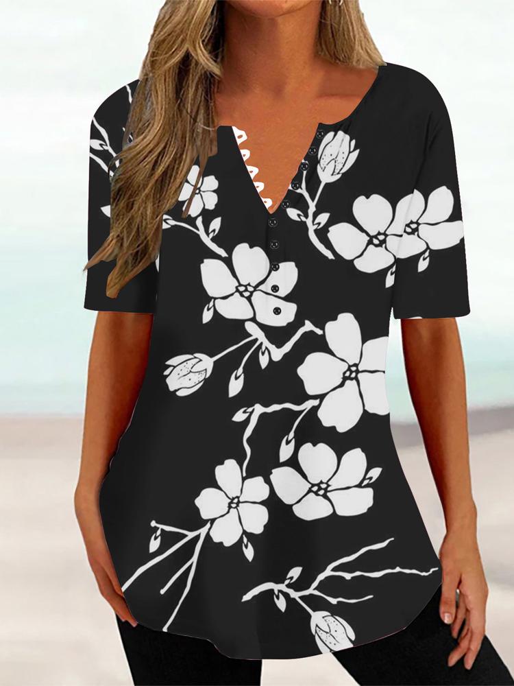 

Женская летняя футболка с цветочным принтом и V-образным вырезом, с короткими рукавами, женский винтажный топ средней длины, свободный топ, женская одежда 4XL