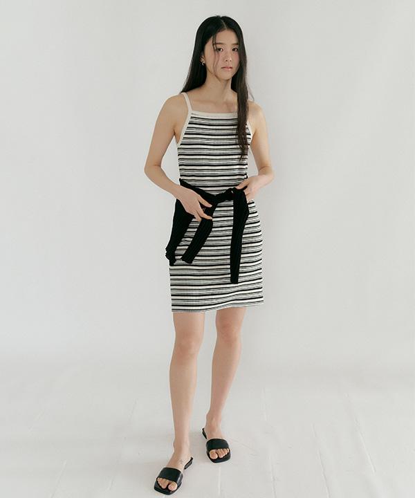 Lingseoul Ribbed Stripe Sleeveless Dress-Ivory