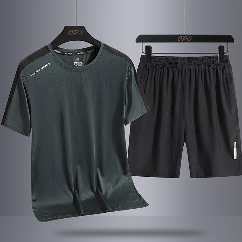 Sports Suit Men's Ice Silk Casual Loose Two-piece Set New Breathable Quick Drying Outdoor Round Neck T-shirt Shorts