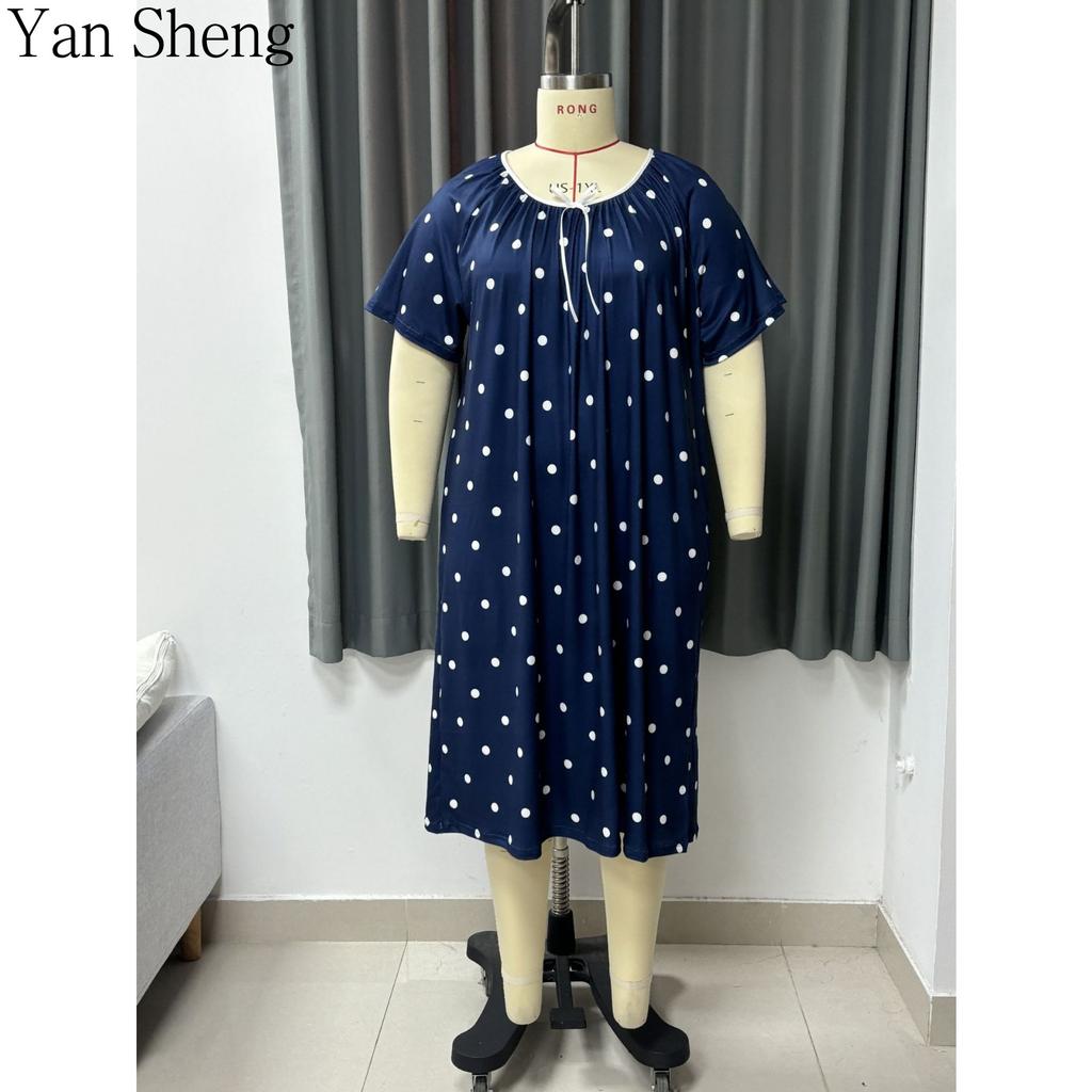 Women Nightgown Summer Polka Dot Print Milk‑Silk Loose Plus Size Long Robe Home Loungewear For Sleep