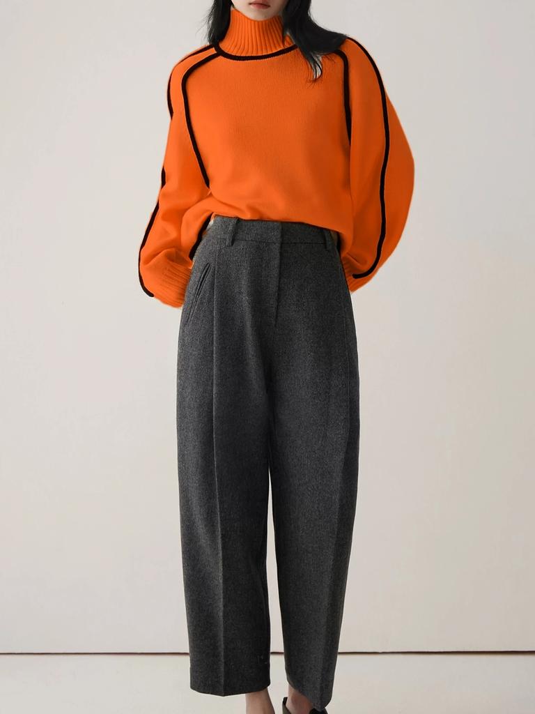 Women's Foreign Fashion Sweater, High Neck Crew Neck Top, Ribbed Knit Pullover for Women