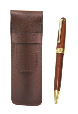 Grained Chocolate Colored Cowhide Leather Pen Case with Wooden Barrel Retro Rotating Ballpoint Pen and Exercise Set SASTYO-1455