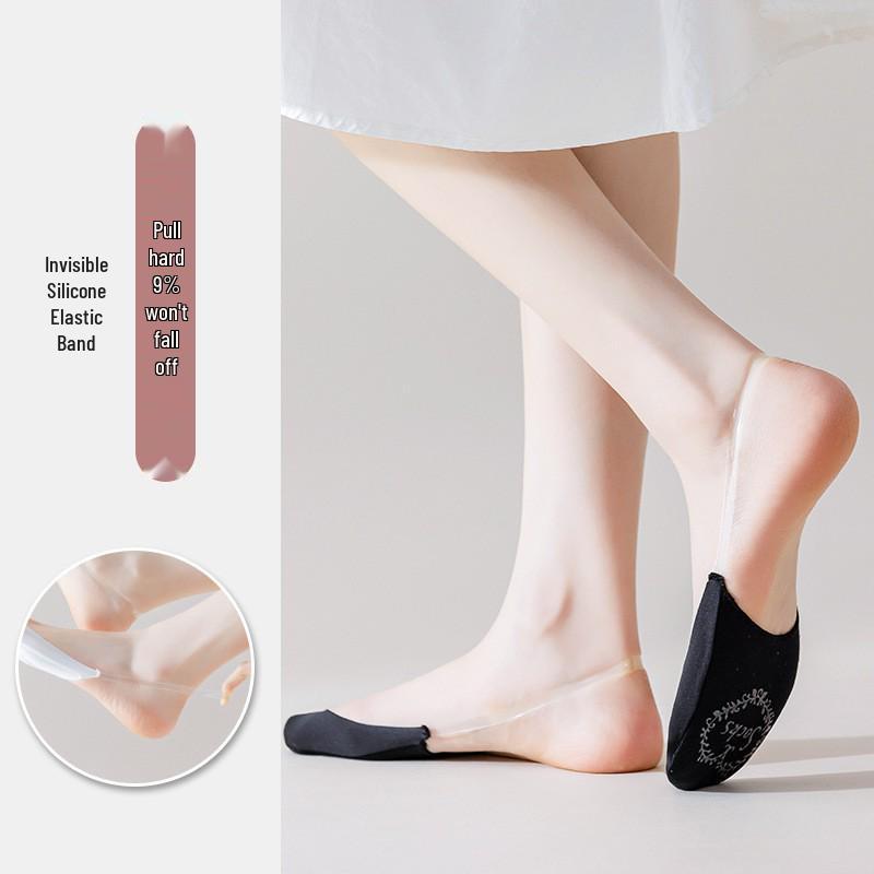 Invisible Ice Silk Low-Cut Boat Socks with Non-Slip Heel & Forefoot, Solid Color, Half-Palm Strap, Perfect for High Heels.