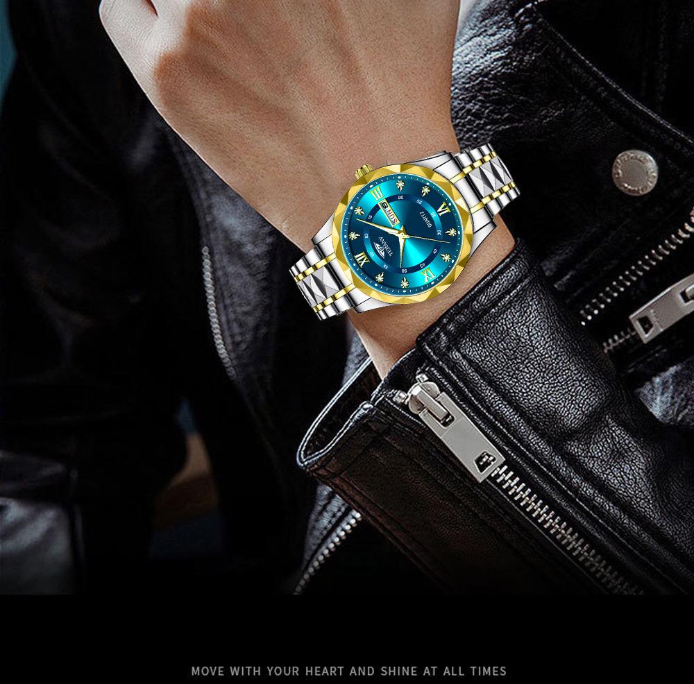 Men's Luminous Waterproof Quartz Watch with English-Chinese Calendar and Rhombus Case