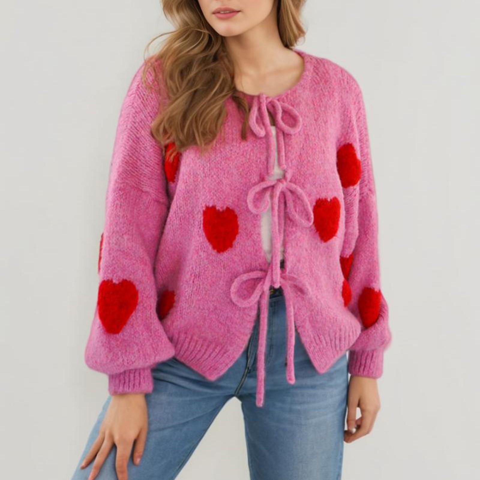 

Вышивка в виде сердца с круглым вырезом и зимний свитер, повязка на кардиган, вязаный кардиган, куртка для женщин M