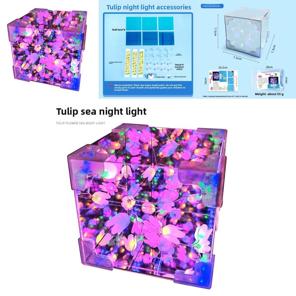 Handgefertigter Montage-Spiegel Tulpenblumenmeer Würfel-Nachtlicht Puzzle-Spielzeug-Set Für Gehirnentwicklung