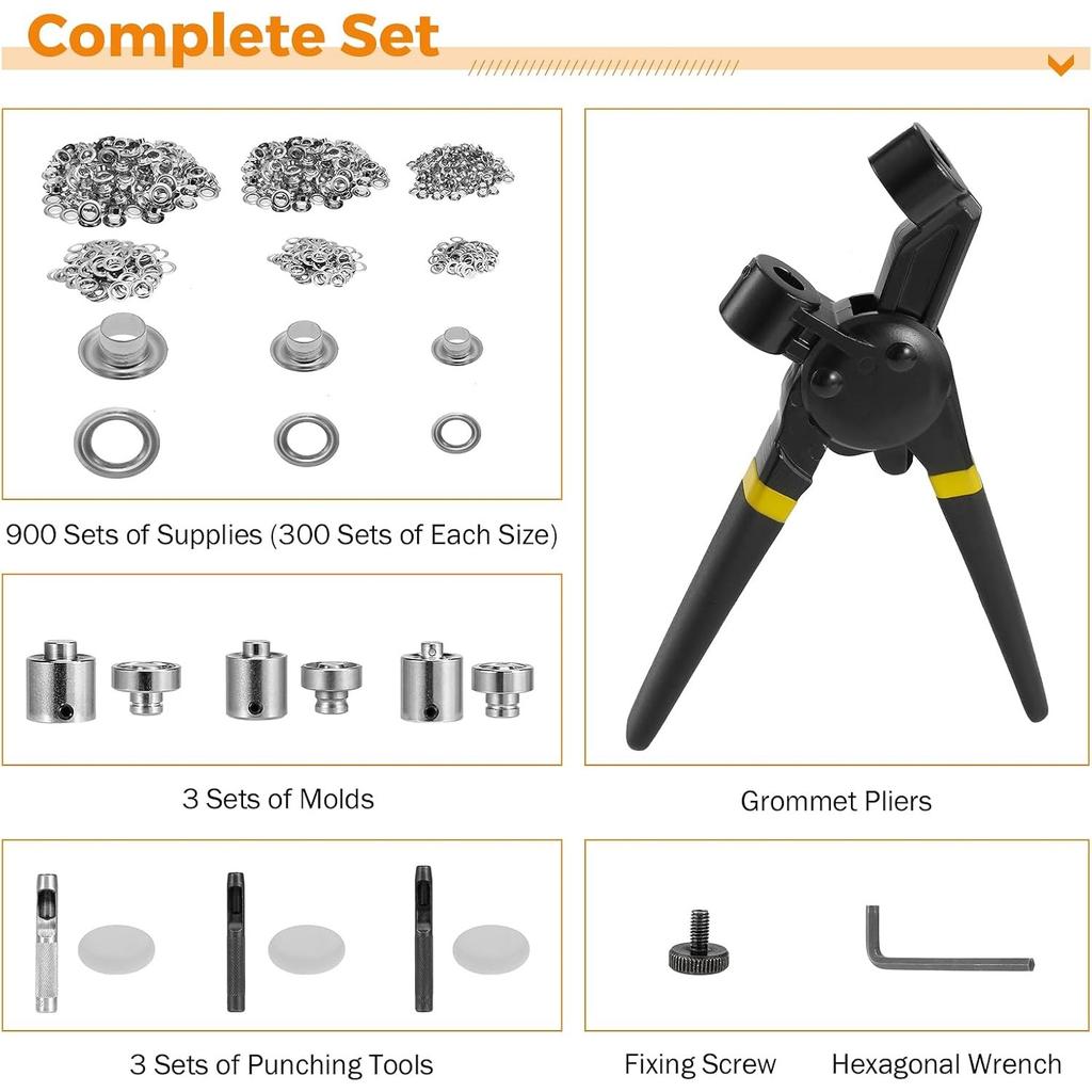 Grommet Tool Kit 8mm 10mm 12mm Hand Press Multi-Size Eyelet Pliers Kit with 900 Grommet Supplies & Hollow Hole Punch Tool Handheld Eyelet Setter