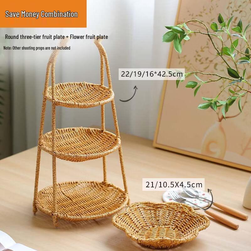 Bamboo Tiered Hanging Basket with Flower Fruit Plate Set
